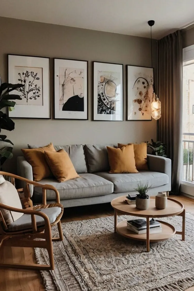 a living room with grey sofa and mustard pillows