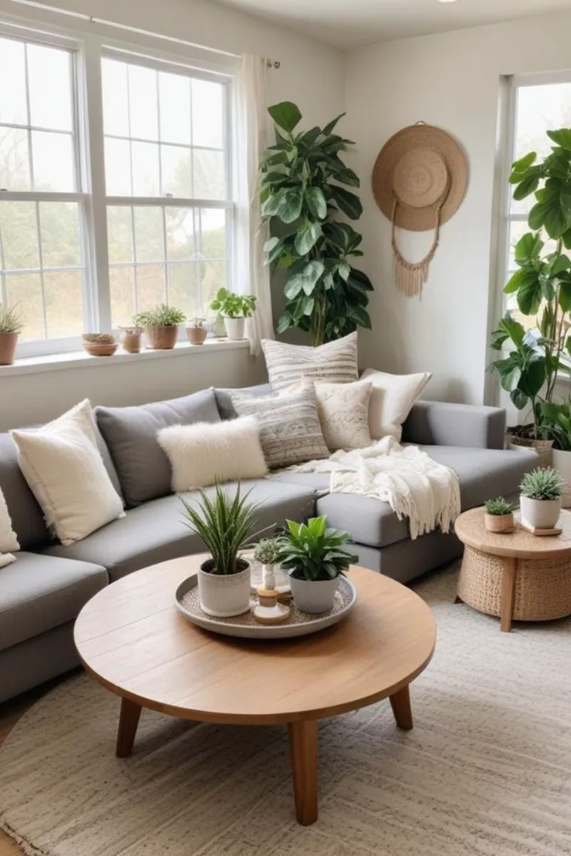 a living room with grey sofa and natural light