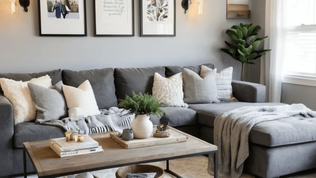 a living room with grey sofa, wallpaper, and pillows