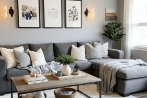 a living room with grey sofa, wallpaper, and pillows