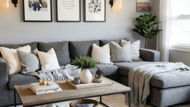a living room with grey sofa, wallpaper, and pillows