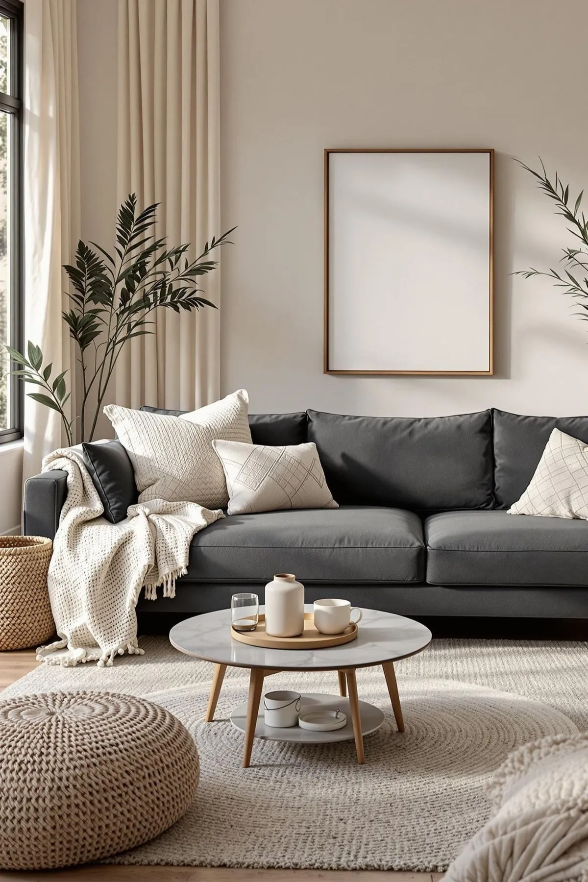 a living room with grey sofa and white walls