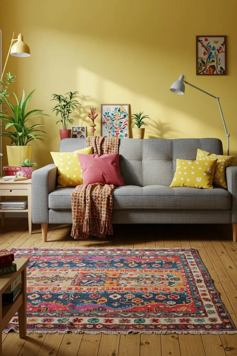 a living room with grey sofa, yellow wall, and colorful rug