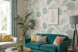 a living room with plant wallpaper and green sofa