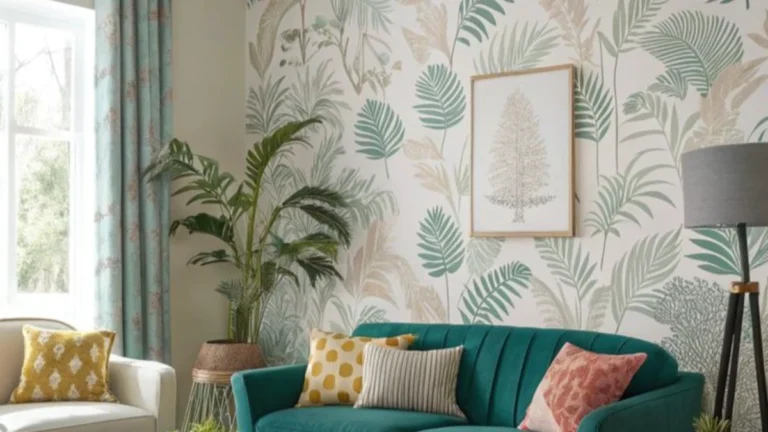 a living room with plant wallpaper and green sofa