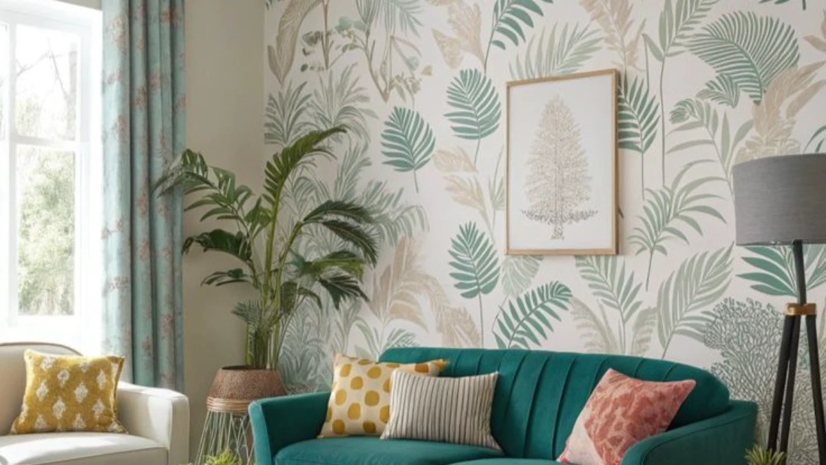 10 Living Room Wallpaper Decor Ideas with Character 29 a living room with plant wallpaper and green sofa
