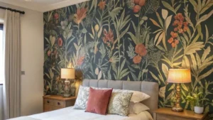a bedroom with an accent wall decorated with flower wallpaper