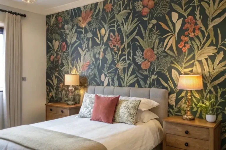 a bedroom with an accent wall decorated with flower wallpaper