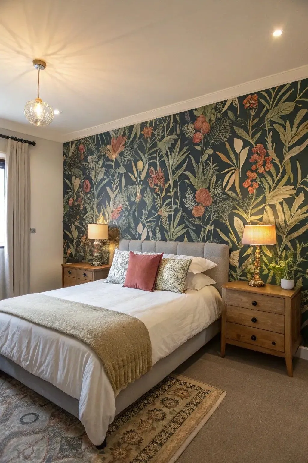 a bedroom with an accent wall covered by flower wallpaper