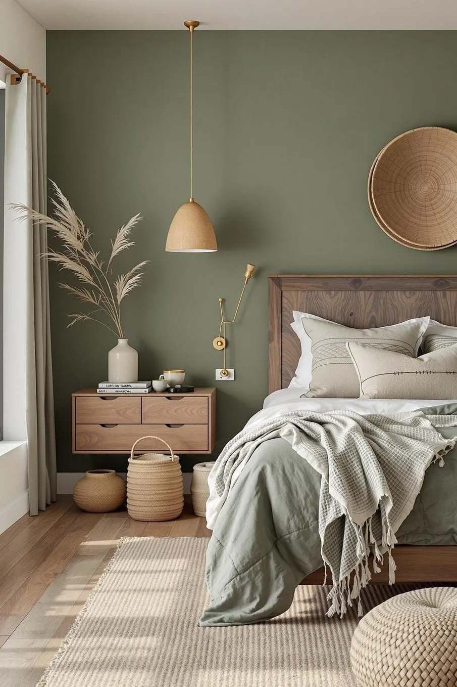a bedroom with a painted wall in sage green as accent wall