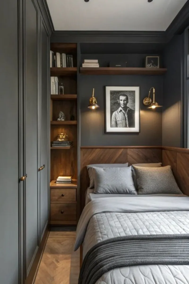 a man bedroom with walls painted in gray
