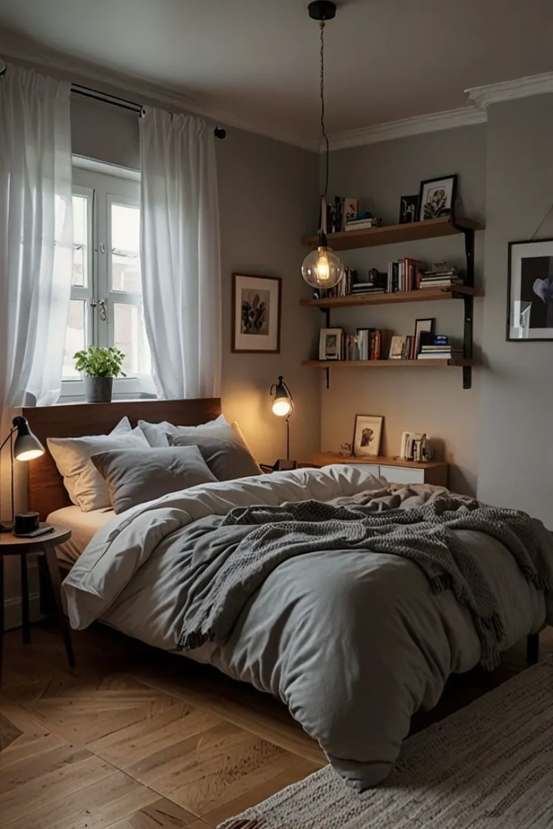 a man bedroom with lamps and hanging light