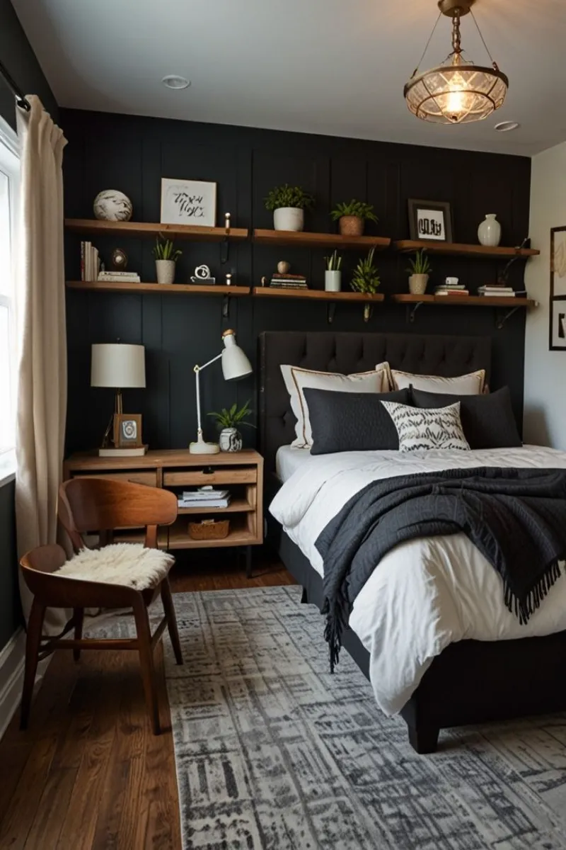 a man bedroom with a metal lamp and a wooden bed for mix texture