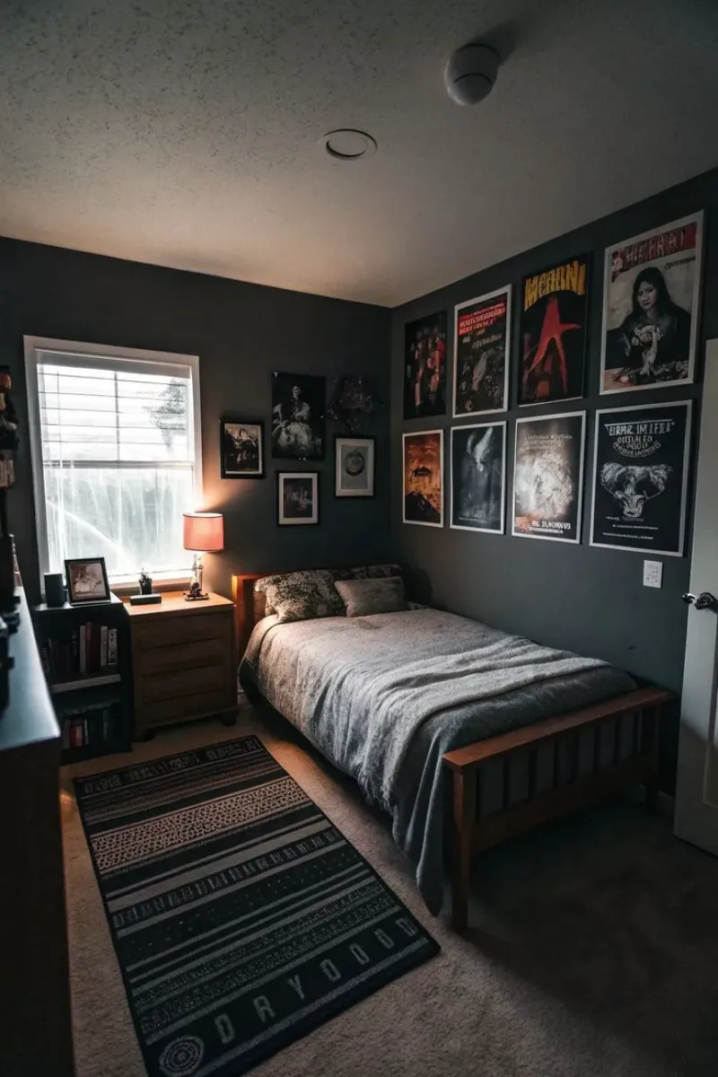 a man bedroom with movie posters on wall