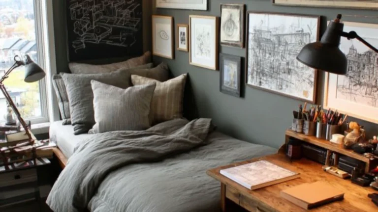 10 Bedroom Design Ideas for Men on a Budget 7 a man bedroom with a metal frame bed and some artwork decor