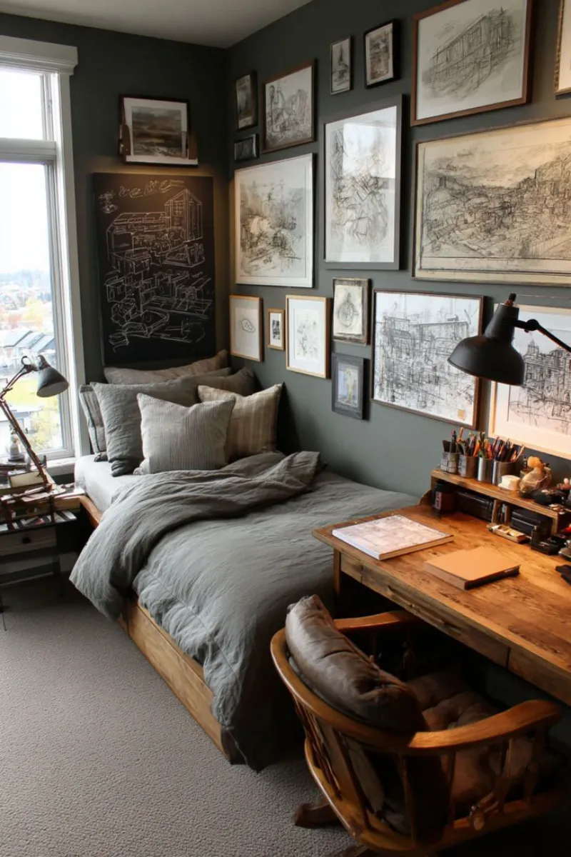 a man bedroom with a wall full of artwork decoration