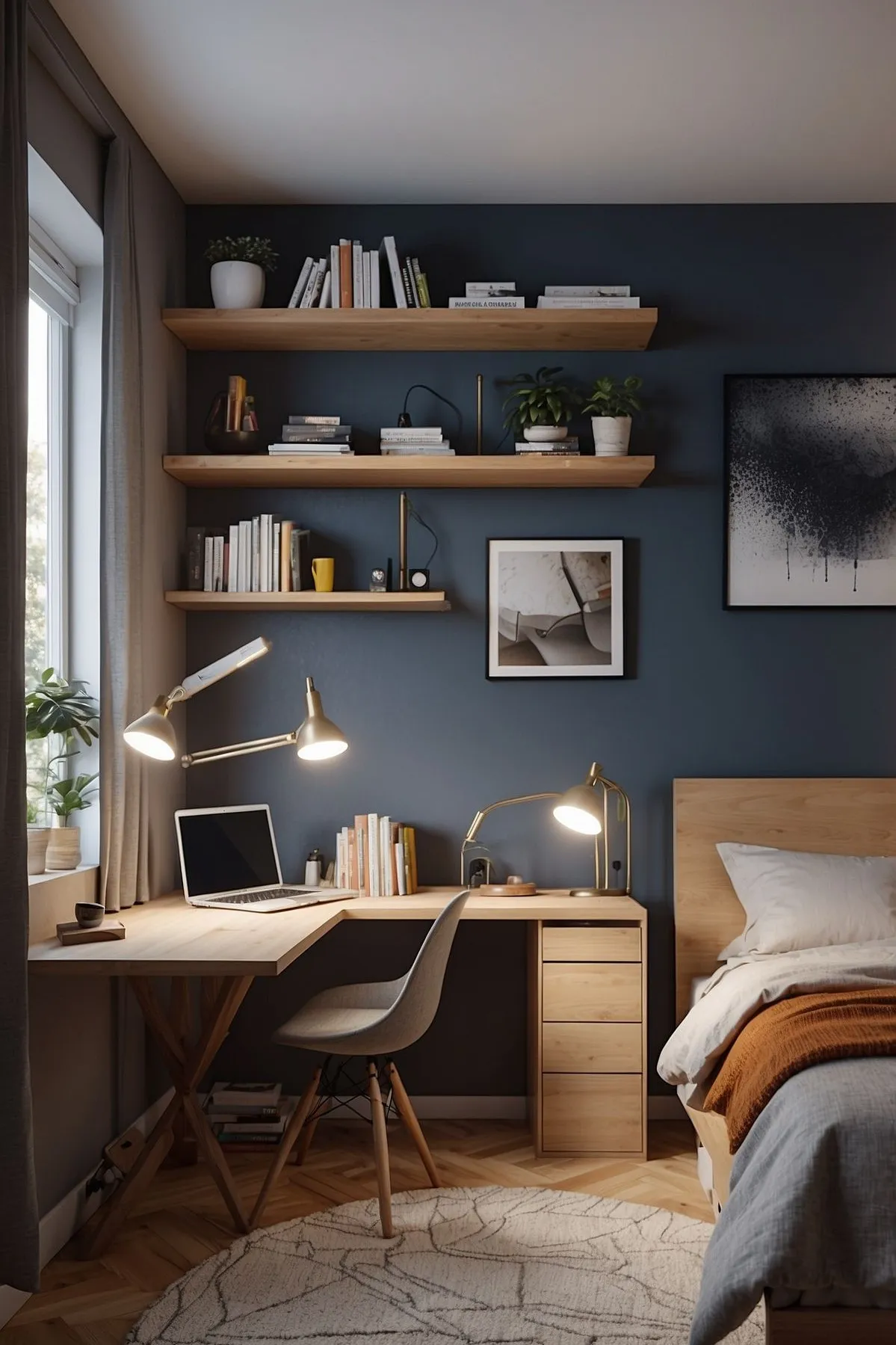 a man bedroom with nightstand as work desk near the bed
