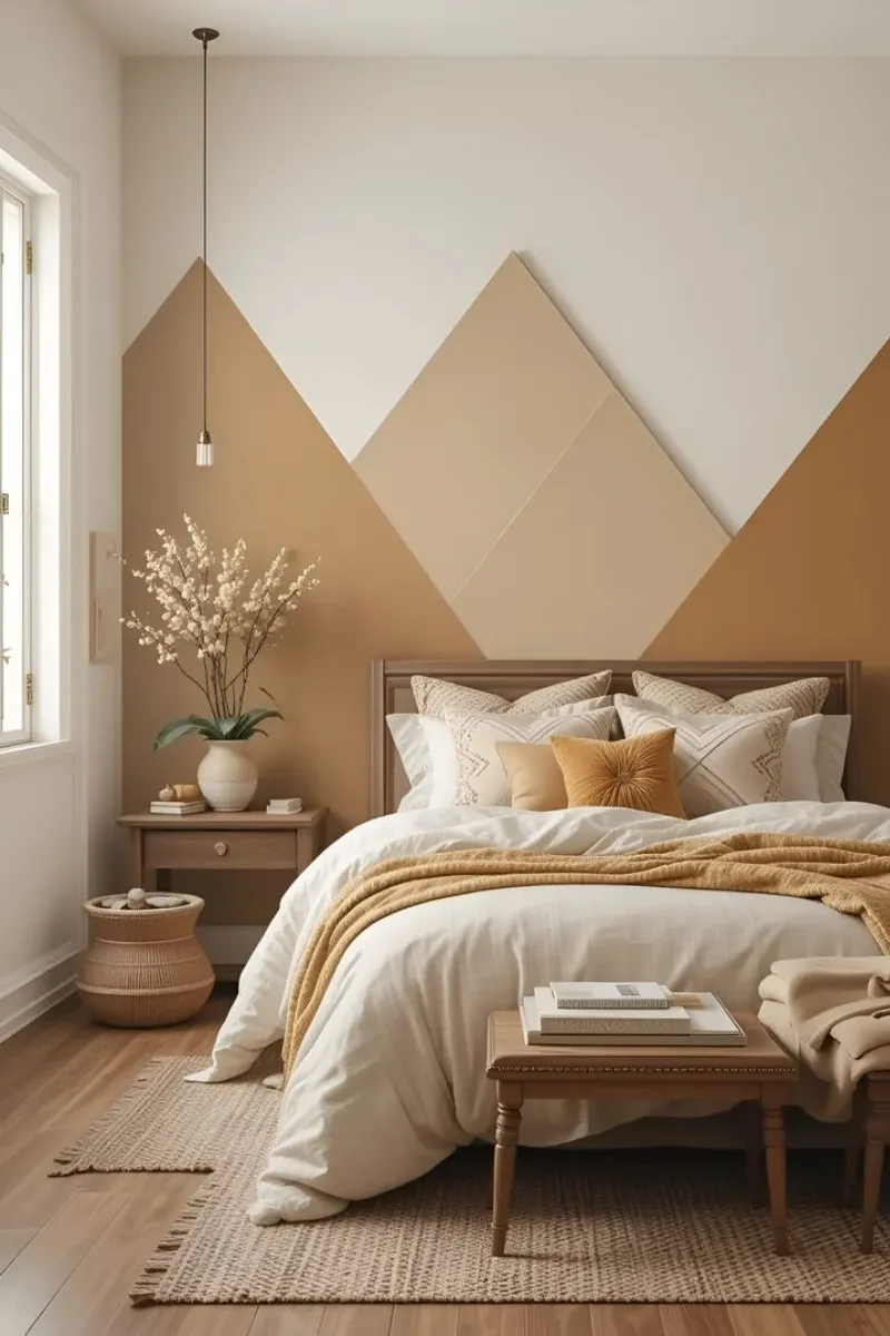 a bedroom with a geometric design accent wall