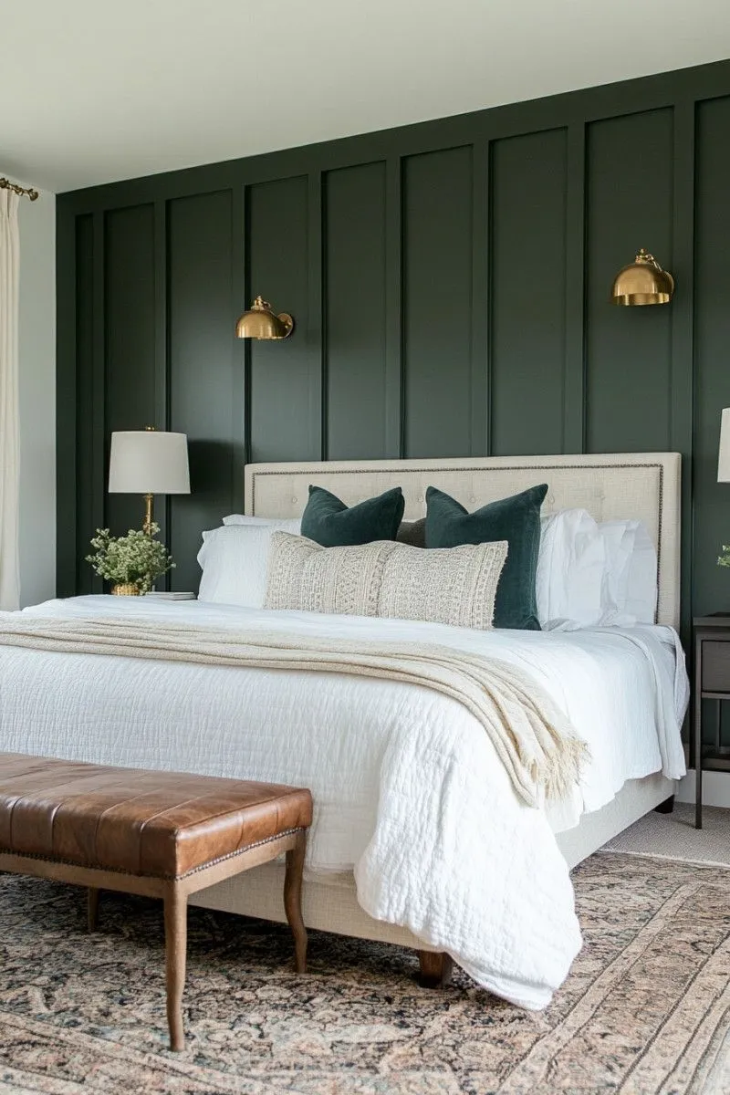 a bedroom with an accent wall decorated with deep green molding