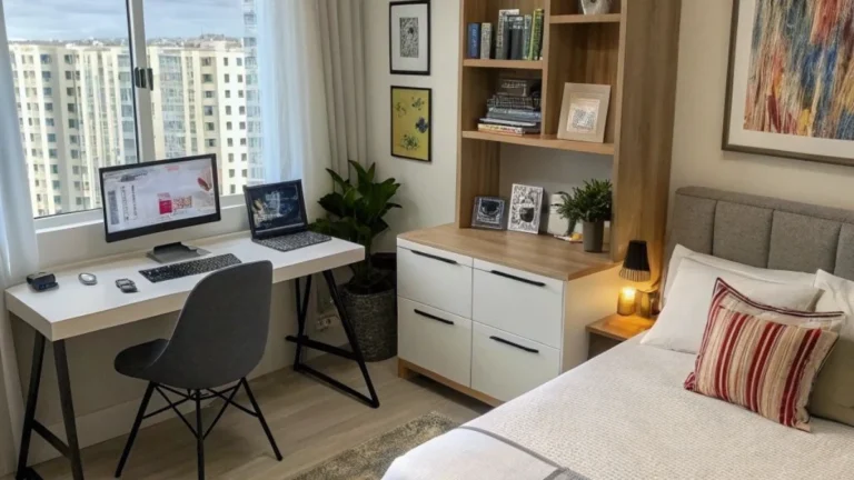 10 Bedroom Office Ideas for Working From Home Comfortably 1 a bedroom office with nightstand for storage