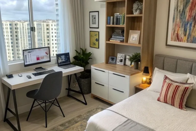 a bedroom office with nightstand for storage