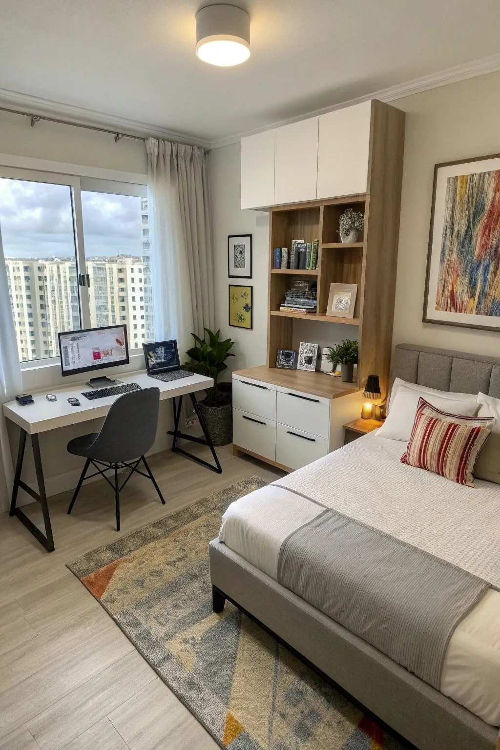 a bedroom office with nightstand for storage