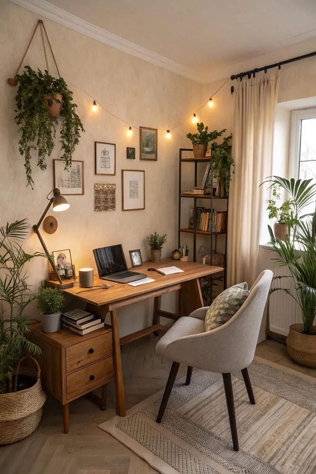 a bedroom office with a lamp and string light