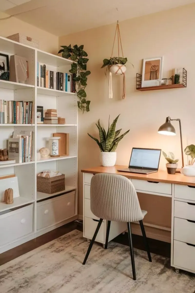 a bedroom office with plants, artwork, and shelf