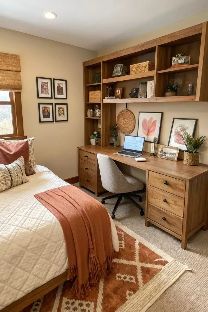a bedroom office zone seperated by rug