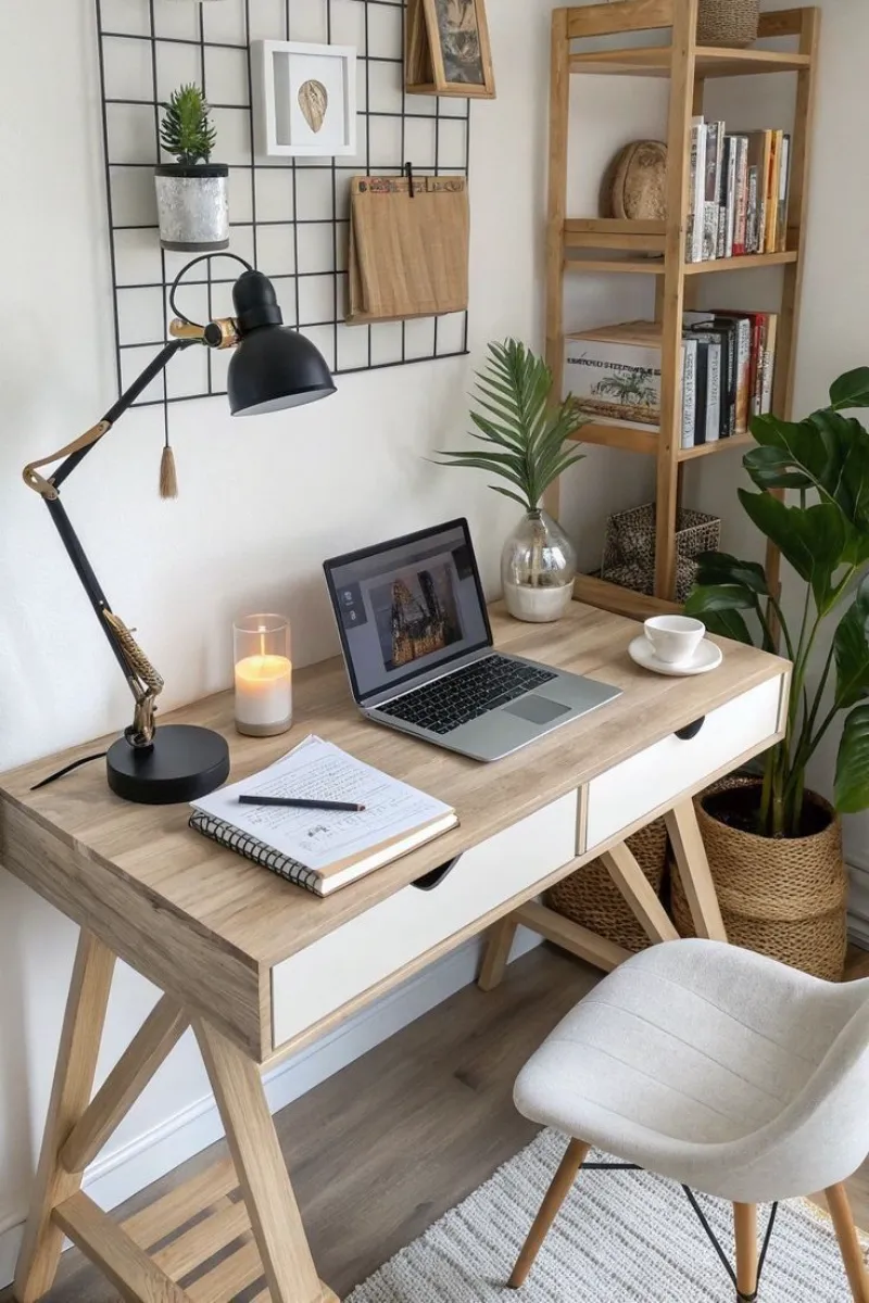 a bedroom office with simple decor