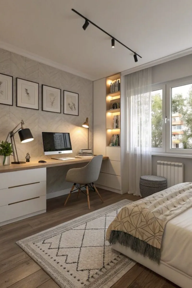 a bedroom office with shelves, desk storage, and cabinets