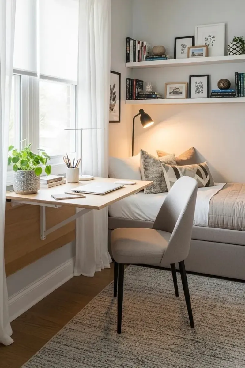a bedroom office with a wall-mounted desk