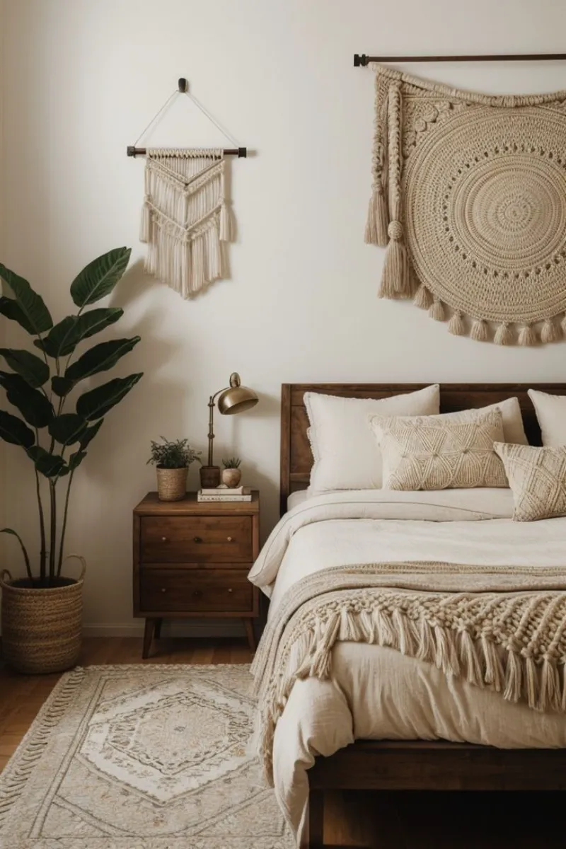 a bedroom with an accent wall decorated with tapestry