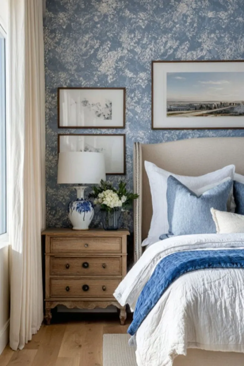 9 Blue Bedroom Ideas for a Fresh and Airy Look 8 a bedroom with blue pattern wallpaper