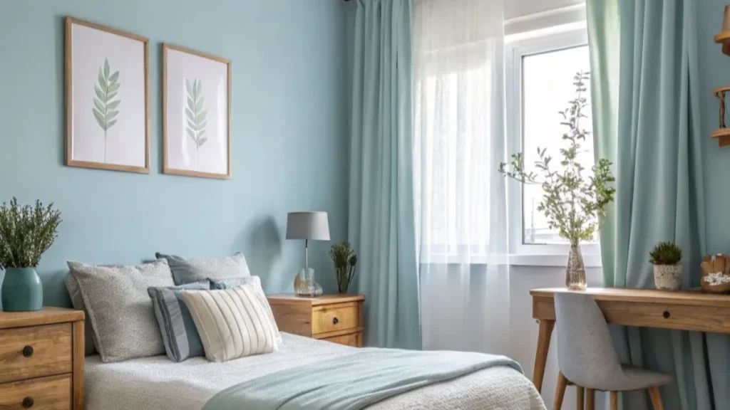 a bedroom with blue wall and pillows
