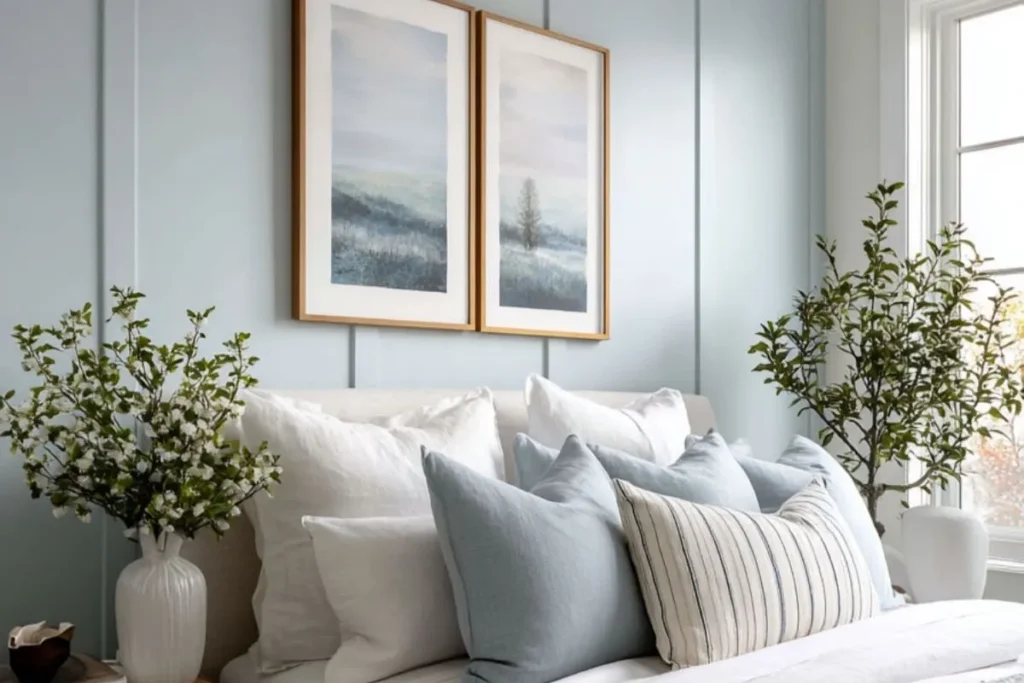 9 Blue Bedroom Ideas for a Fresh and Airy Look 3 a bedroom with blue wall and pillows