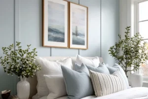 a bedroom with blue wall and pillows