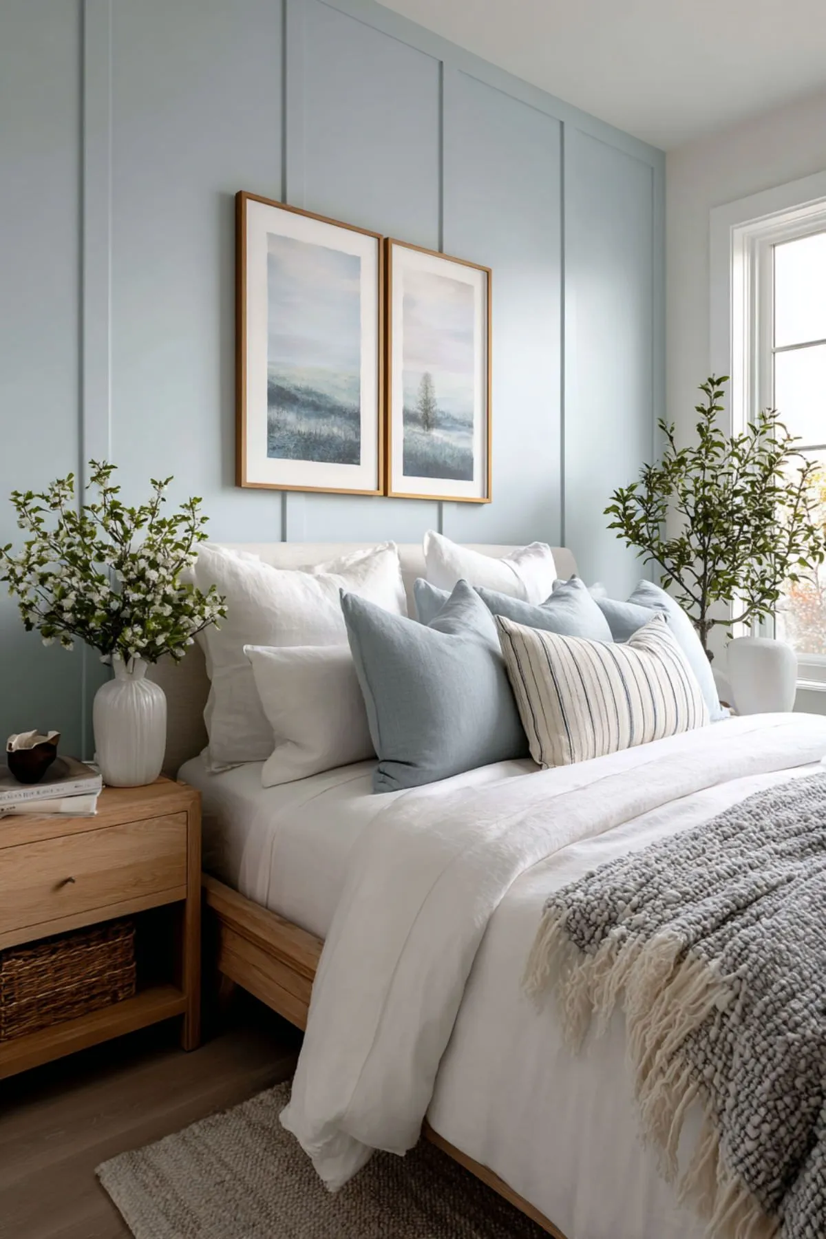 9 Blue Bedroom Ideas for a Fresh and Airy Look 4 a bedroom with blue wall and pillows