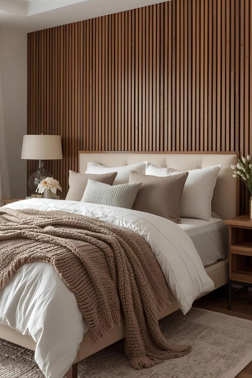 a bedroom with a wall covered by wood wall panels as accent wall