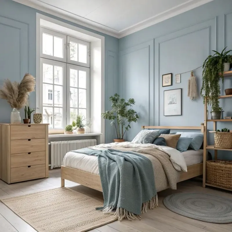 9 Blue Bedroom Ideas for a Fresh and Airy Look 7 a blue bedroom in light blue with fabric blanket