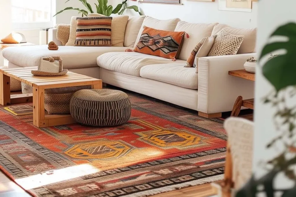a boho living room with a colorful rug