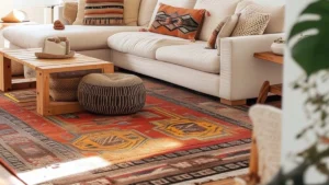 a boho living room with a colorful rug