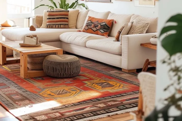 a boho living room with a colorful rug