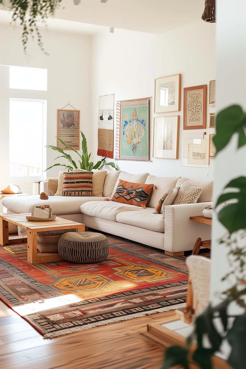 a boho living room with colorful rug