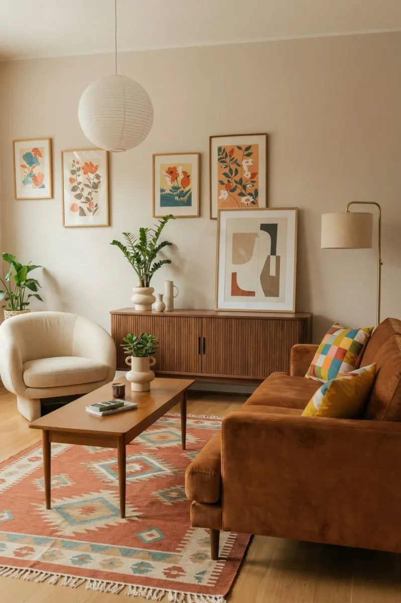 a boho living room with rug and orange sofa