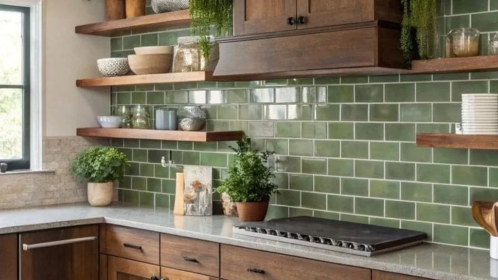 a kitchen with green ceramic tile backplash