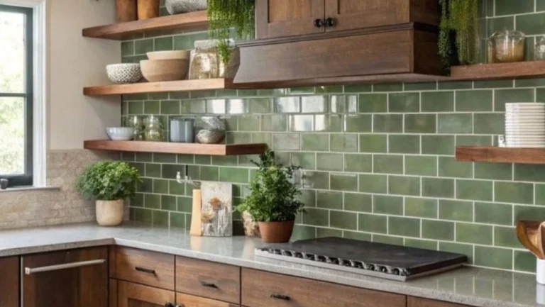 a kitchen with green ceramic tile backplash