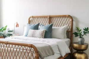 a feng shui bedroom with a bamboo frame bed