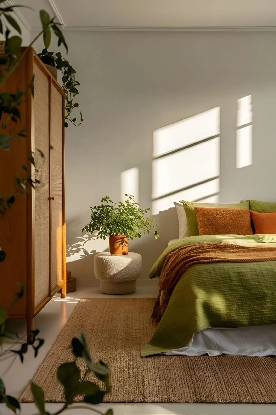 Where to Place Your Bed in Bedroom? Feng Shui Bedroom Layout Explained 6 a feng shui bedroom in beige with green carpet and orange pillows