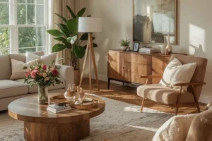 a feng shui living room with paired chair and sofa
